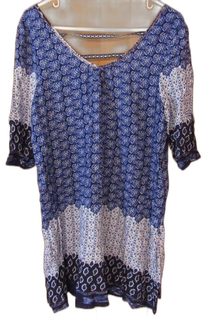 Velzera Short Sleeve Tunic Dress Blue/White BOHO Print Size Small NWT - Picture 1 of 5